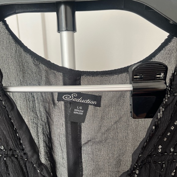 100% Silk Black Beaded Sheer Blouse - Picture 2 of 2